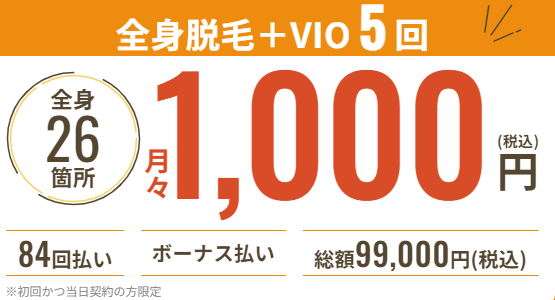 全身脱毛+VIO5回月々1,000円
